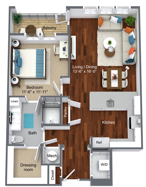 Floor plan for 1 bed, 1 bath, 800 sqft